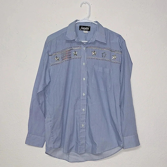 Western cowgirl blouse medium long sleeve pin stripe Americana top FREE earrings - Picture 1 of 10